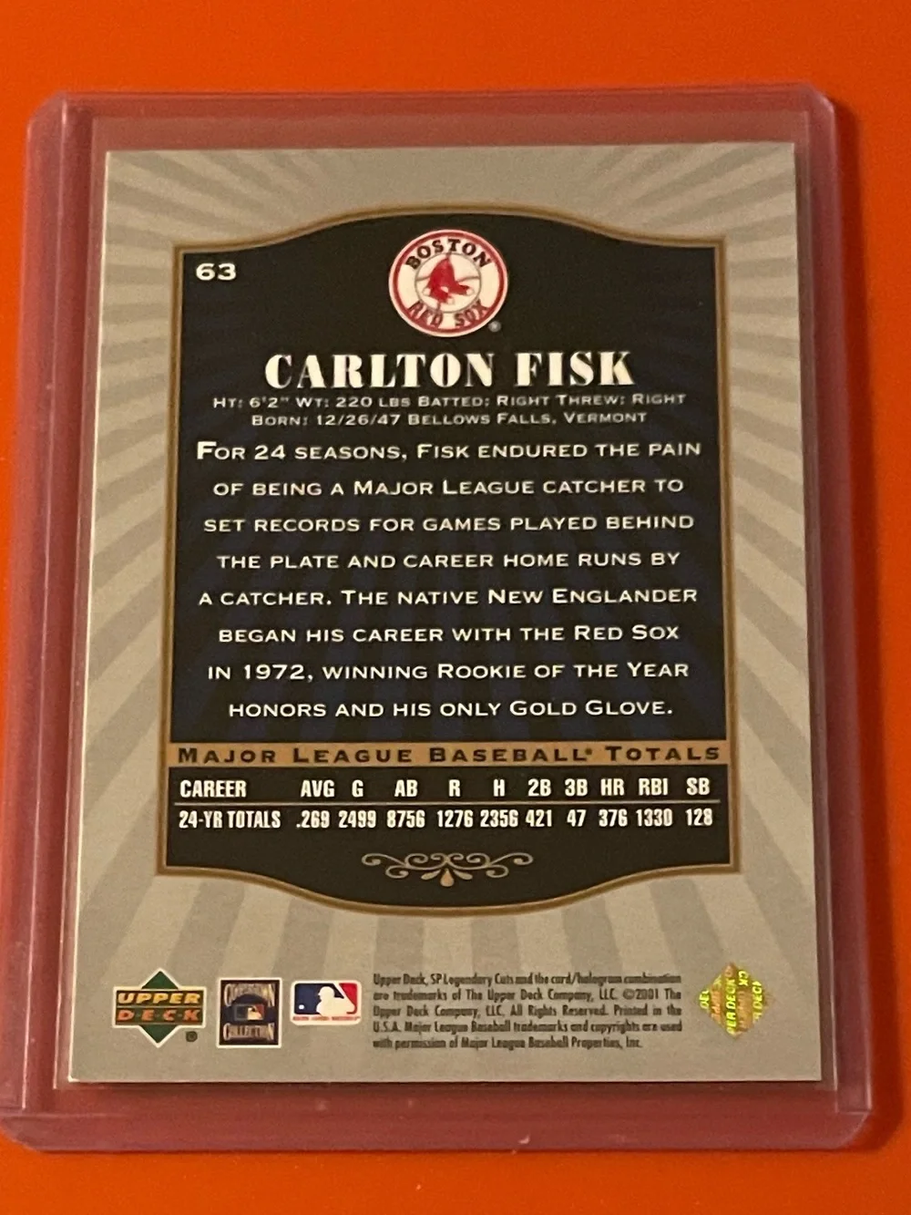 Carlton Fisk #63 2001 Upper Deck SP [Legendary Cuts] Baseball Trading Card